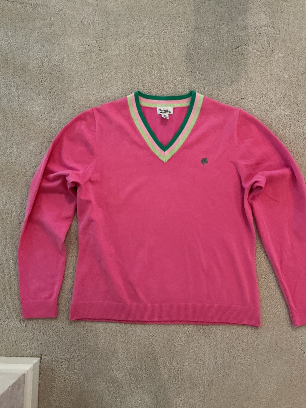 Lilly Pulitzer Pink V-Neck Sweater with Green and yellow Trim